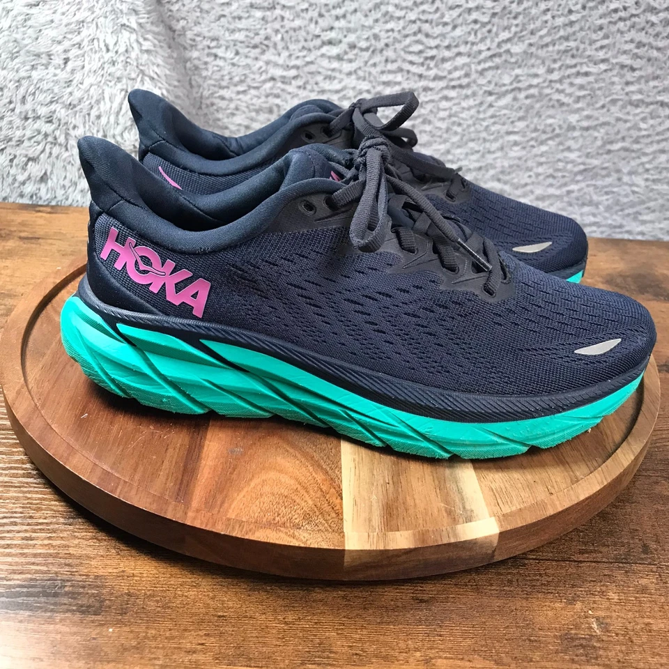 Hoka One One Clifton 8 女式 7.5D 宽海军蓝/紫色健身房跑步运动鞋 — 第 1/4 张图片
