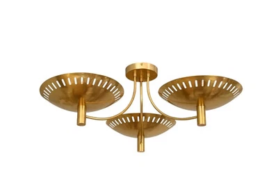 3 Light Slitz Curved Dome Style Raw Brass Chandelier Light Fixture By ILZ - Image 1 of 4