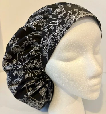 Black & White Floral Print Size Large Medical Bouffant Scrub Cap Surgery Hat - Image 1 of 4