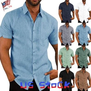 Men's Short Sleeve Linen Cotton Shirts Loose Button Top Summer T-Shirt Blouse - Picture 1 of 25