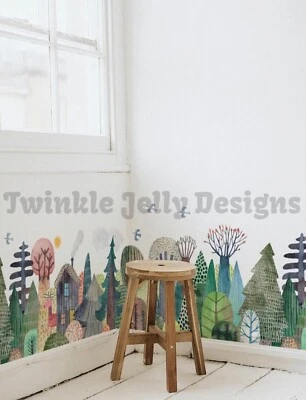 Gorgeous watercolour forest print wall sticker, 138cm x 55cm, trees and houses - Image 1 of 4