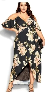 City Chic Black Floral Cold Shoulder Maxi Dress Wedding/Party/Races Plus Size 20 - Picture 1 of 6