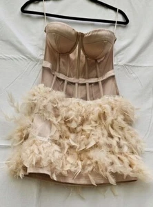 Blithe Los Angeles Feather Mini Dress Beige Nude Tan Small Burlesque Dance - Picture 1 of 16
