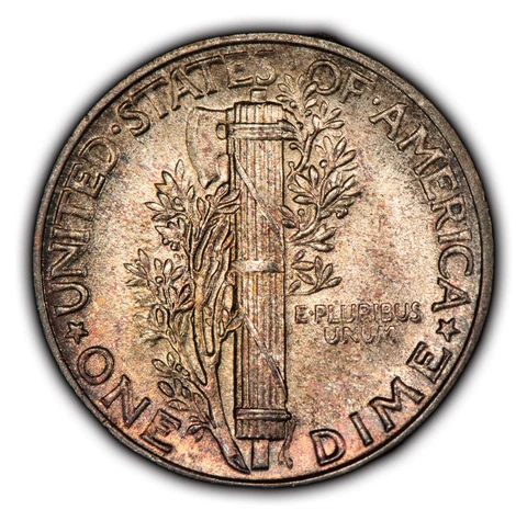 1943 10c Mercury Silver Dime - Speckled Violet Rainbow Toning - BU - SKU-Y5329 Cover