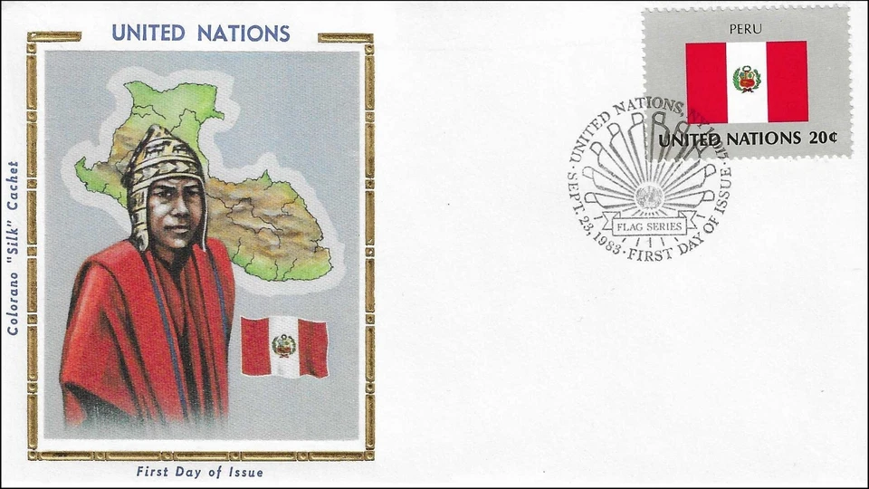 Peru National Costume Dress Flag Map UN Gold Folio Silk FDC Cachet 1983 - Image 1 of 1