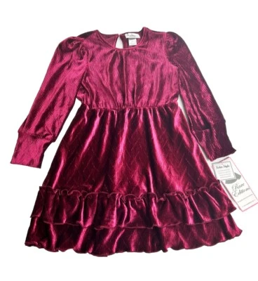 Rare Edition Big Girls Burgundy Velvet Holiday Ruffle Trim Dress Size 8, NWT $58 - Image 1 of 4