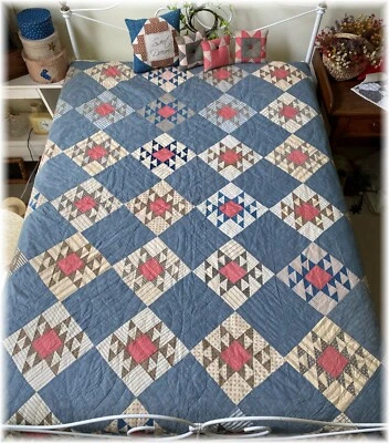 Antique Early Wandering Lover Quilt Pattern Hand Quilted 72" x 84" H/S red blue - Image 1 of 4