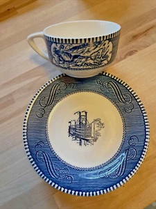 Vintage Currier und Ives Imperial Blue Tasse und Untertasse Dampfschiff/Buggy - Bild 1 von 10