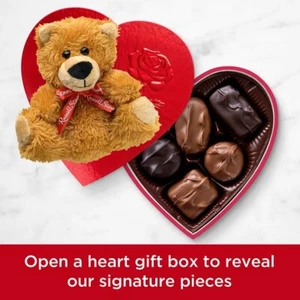 Russell Stover Valentine's Day Red Foil Heart with Plush Bear Assorted Milk  - Picture 1 of 3