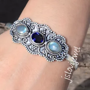 Tanzanite & Labradorite Gemstone 925 Sterling Silver Cuff Handwork Bracelet - Picture 1 of 5