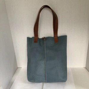 Kiko Tote Blue 100% Distressed Leather Raw Edge 13x11x3.5” Button Closure NEW - Picture 1 of 13