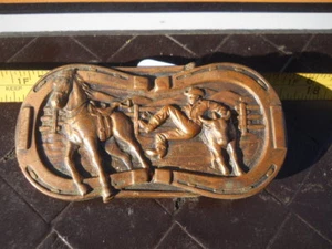 Vintage Leavens Horse shoes Cowboy Bulldogging Steer Western Style Belt Buckle - Picture 1 of 4