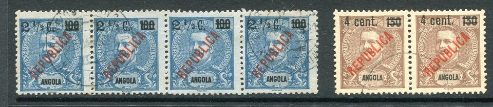 Angola 1919-21 recargos 21/2c en 100r tira azul de 4 y 4c en 130r par v f usado Foto 1 de 1