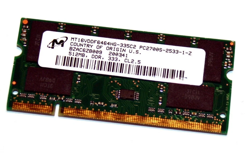 512MB DDR MEMORY PC-2700S 200-pin 16-Chip SO DIMM Micron PC2700S-2533-1-Z - Image 1 of 1