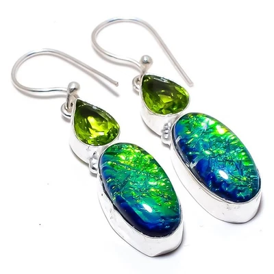 Triplet Fire Opal Gemstone Handmade 925 Sterling Silver Jewelry Earring 2.1" - Image 1 of 4
