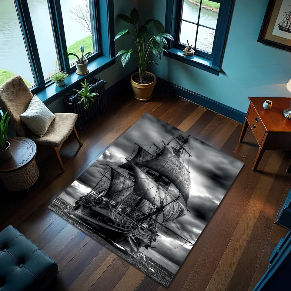 Alfombra Barco Pirata Blanco y Negro Alfombra Náutica Tropical Océano Alfombra Decoración Foto 1 de 3