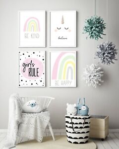 Kids Girls Room Nursery Prints Pictures Posters Bedroom Decor Unicorn Rainbow 
