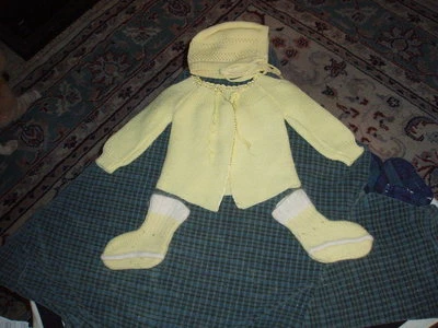 Vintage Yellow Knit Baby Sweater, Bonnet, and Booties Hand Made Cute ! - Image 1 of 4