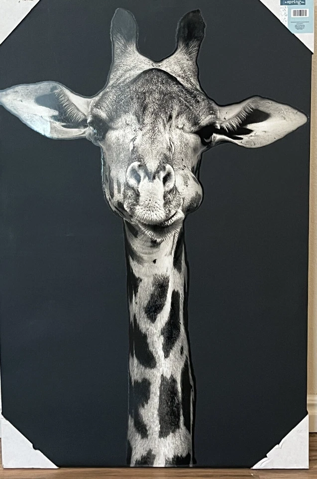 Giraffe Canvas Wall Art Picture Black And White 30” x 20” - Image 1 of 4