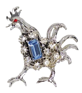 Vintage Silver Tone Rhinestones Chicken Rooster Red Eye Brooch Pin Blue Baguette - Picture 1 of 5