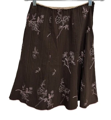 Vintage JKLA California Brown Pinstripe A Line Skirt Pink Floral Embroidery Sz M - Image 1 of 4