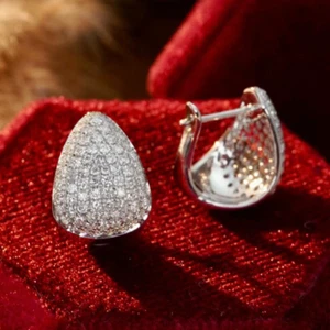 Glänzende Muschel Design natürlicher Diamant Damen Ohrringe Pave massiv 14K Weißgold Geschenk - Bild 1 von 10