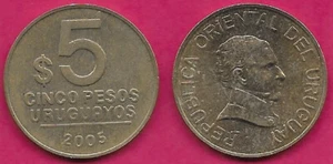 URUGUAY 5 PESOS URUGUAYOS 2005 XF BUST OF JOSE GERVASIO ARTIGAS RIGHT,VALUE AND - Picture 1 of 1
