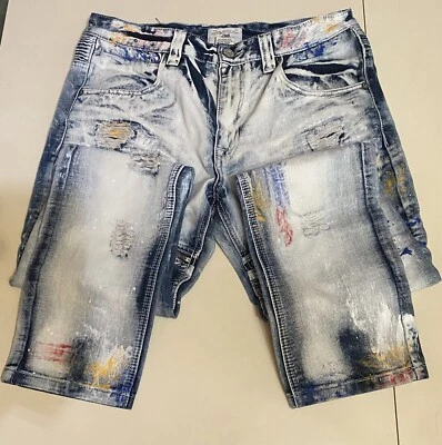 Pantalones de mezclilla para hombre Smoke Rise talla 36x32 azules ajustados rectos desgastados con salpicaduras de pintura Foto 1 de 4