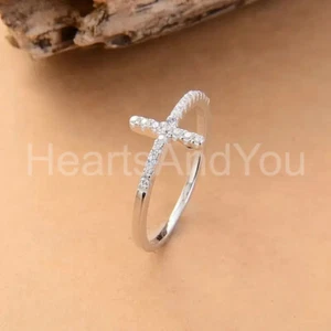 1ct Round Cut Simulated Diamond Jesus Cross Promise Ring 14K White Gold Plated - Picture 1 of 11
