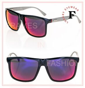 GUCCI 1075 Navy Blue Aluminum Purple Mirrored Rectangle Sport Sunglasses GG1075S
