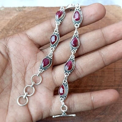 Pulsera de plata de ley 925 hecha a mano con piedras preciosas de rubí rosa para mujer P#374 Foto 1 de 4