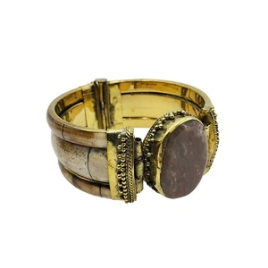 Hinged Pin Bovine Bone Bracelet Agate Stone Brass Accents Vintage Jewelry - Picture 1 of 3