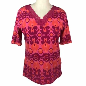 Jones New York Signature Top Size S Knit Moroccan Print Pinks Orange Lacy V-neck - Picture 1 of 8