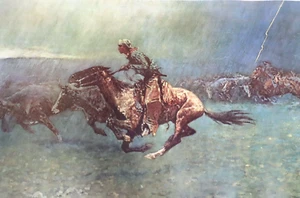 Vintage 1960s FREDERIC REMINGTON Stampeded By Lightning 18”x24” Print Cowboy - Picture 1 of 9
