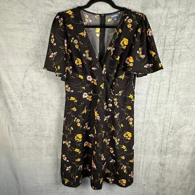 Modcloth Dress Womens 12 Black Floral Faux Wrap  V Neck Cottagecore Peasant Boho - Image 1 of 4