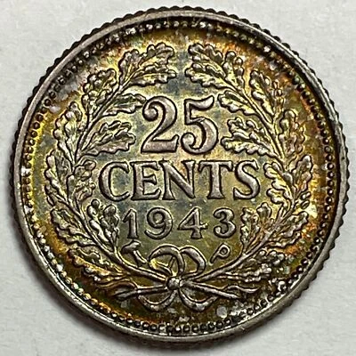 1943-P Netherlands 25 Cents Rainbow Toning Almost Uncirculated AU Coin #16334 - Image 1 of 3