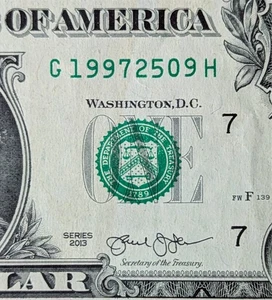 2013 $1 bill fancy serial, birthday date note September 25, 1997. G 19972509 H - Picture 1 of 3