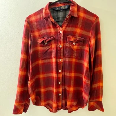 Camisa de franela GAP + Pendleton para mujer talla S abotonada a cuadros naranja borgoña Foto 1 de 4