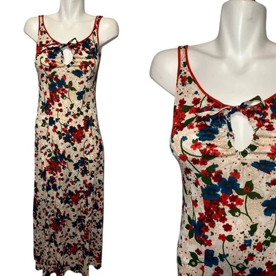 Vtg 70s Gl'amour Ligerie Nylon Slip Nightgown Cut Out Red Blue Floral Small - Image 1 of 4