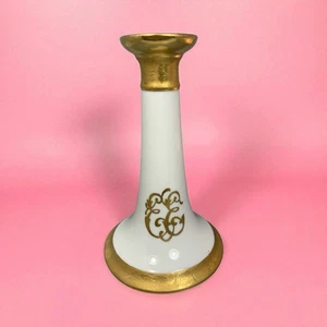 Candelabro de porcelana Limoges Francia pintado a mano borde dorado blanco - Imagen 1 de 16