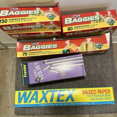 Lote De Colección De Bolsas Pesadas, Pajitas Flexibles Forster y Papel Encerado Waxtex De Colección Foto 1 de 4