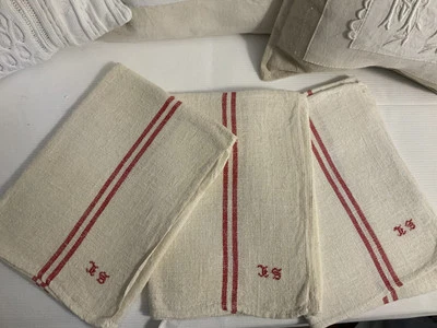 Linge Ancien 3 Grands Torchons En Lin Chanvre  Brodé Monogramme S C - Photo 1/4