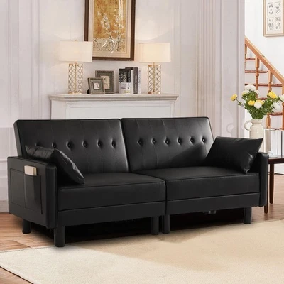 Modern Futon Sofa bed Faux Leather Convertible Sofa Couch Chair  for Living Room - Image 1 of 4