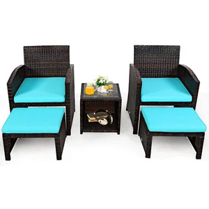 Costway 5PCS Patio Rattan Wicker Furniture Set Sofa Ottoman Cushion Turquoise - Picture 1 of 9