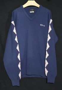 Pringle of Scotland V Neck Lambswool Argyle Sleeve Sweater - Blue - Sz L* - Picture 1 of 5