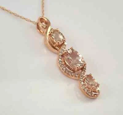 3.50Ct Oval Morganite And Diamond Bar Pendant Necklace Rose Gold Finish 18 Chain - Image 1 of 3
