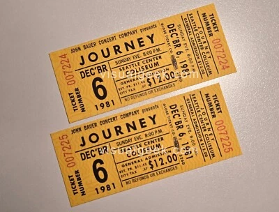 1 Pair Journey Concert Tickets Seattle Center Coliseum Dec. 6 1981 REPRINTS Stub - Image 1 of 4