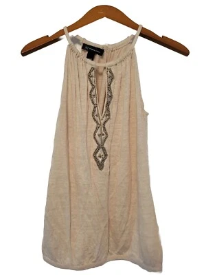 I.N.C. Top para mujer pequeño sin mangas beige tostado boho adornado con cuentas  Foto 1 de 4