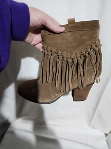 Sbicca Vintage Collection Boots Womens 9 Ankle Bootie Green Fringe Block Casual - Picture 1 of 5