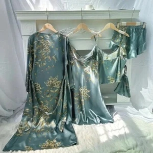 Satin Pajama Lingerie Set of 4 Pieces Robe Slip Cami Top Shorts - Picture 1 of 3